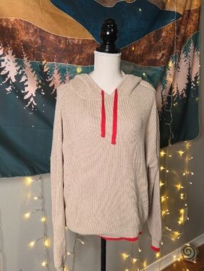 Wishlist Cream Knit Hooded Sweater With Red Accents Size L